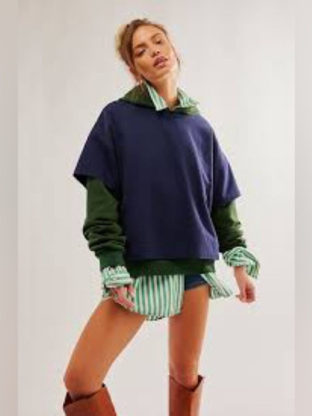 Found Double Layered Hoodie Hooded Sweatshirt Navy Green Size XS